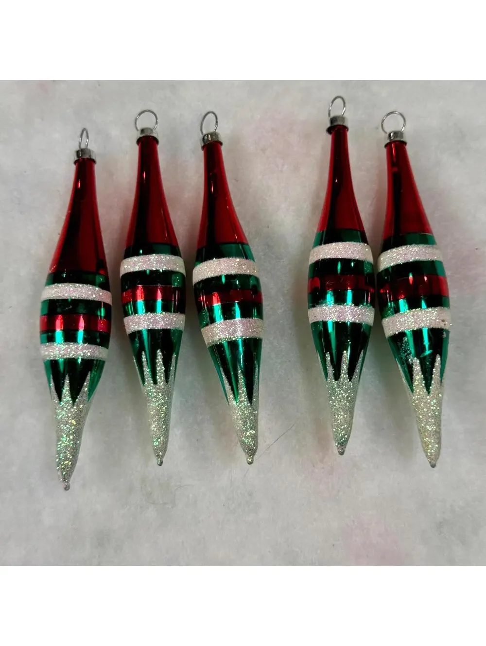 Blown Glass Long Tapered Ornaments - Striped Red, White, and Green - Set of 5